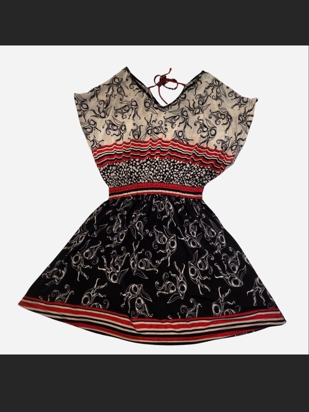 Indigo Black & Cream Patterned Halter Waist Top with Red Accents